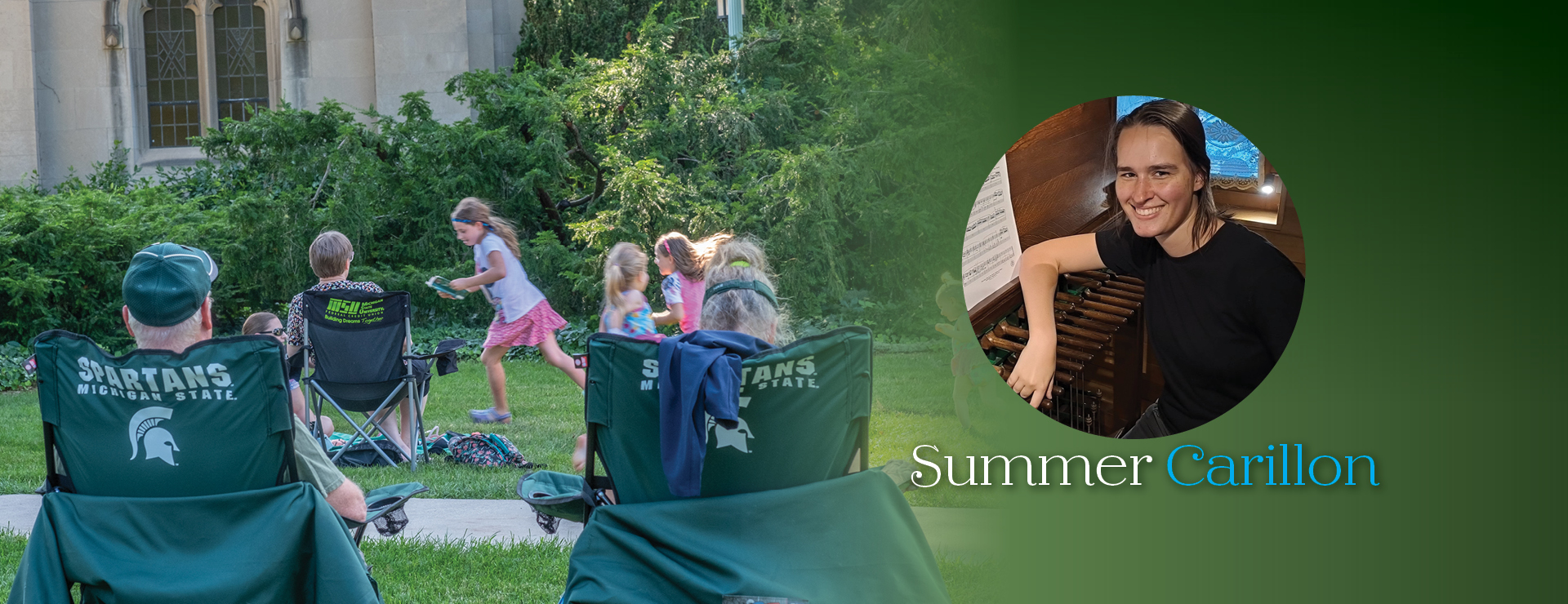 Inset photo of carillonist with background image of closeup of mallets of the family seated outside of Beaumont Tower with MSU foldout chairs and kids playing, and decorative type 