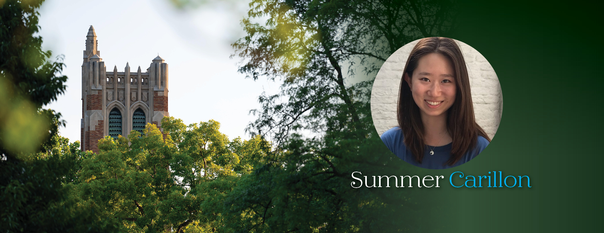 Inset photo of carillonist with background image of Beaumont Tower and decorative type 