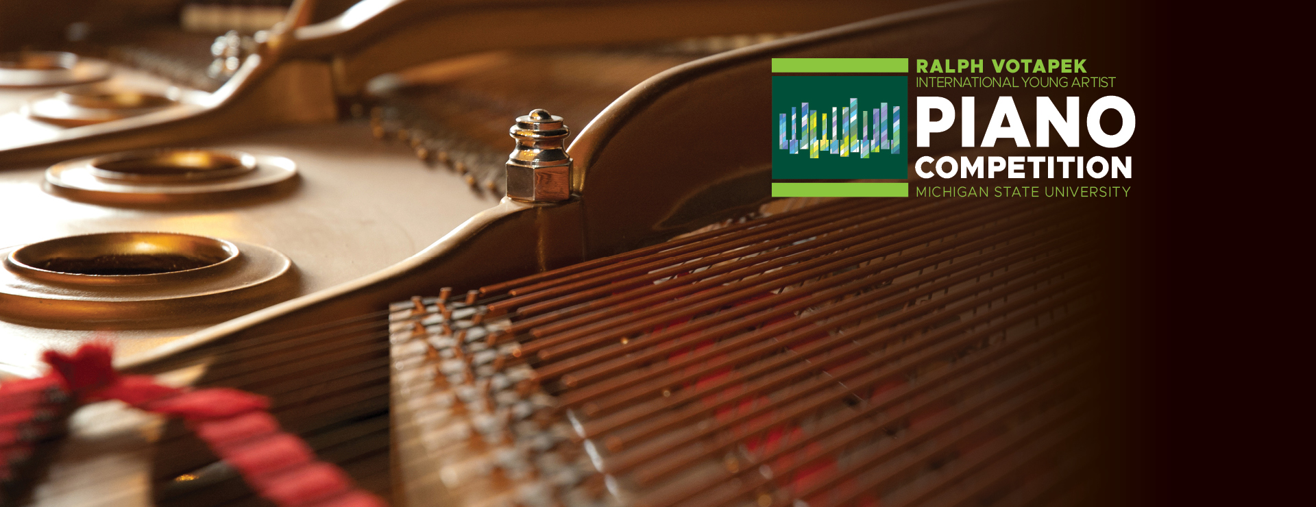 Logo/graphic with type: Ralph Votapek International Piano Competition, graphic stylized piano keys with background image, closeup of the inner workings of a piano