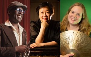 Image split 3 ways: Leftmost image features Kenneth Thompkins smiling, holding a trombone. Middle image features headshot of Zhihua Tang. Rightmost image features headshot of Gwen Dease smiling, holding a cymbal