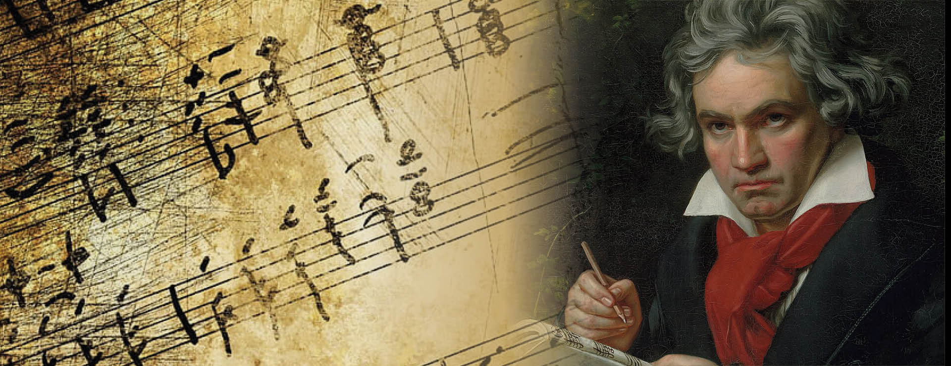 Split image: Sheet music on the left, Beethoven on the right