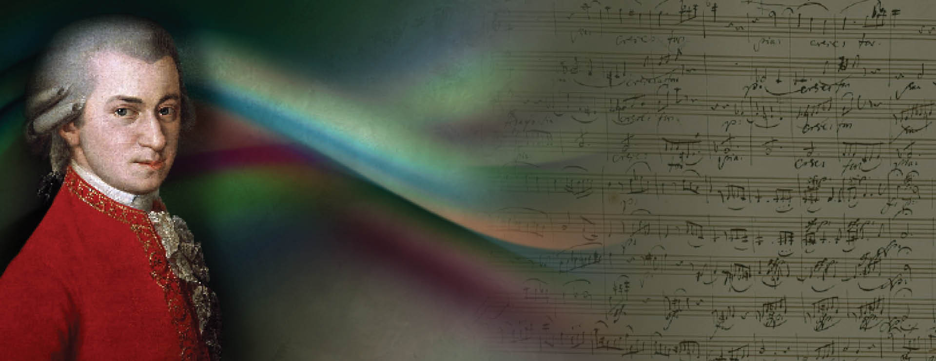 Split image: Mozart on the left, sheet music on the right.