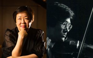 Split image: headshot of faculty member Zhihua Tang on the left, headshot of I-Fu Wang playing violin on the right.