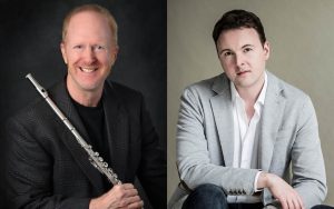 Split image. Richard Sherman holding flute on the left. Headshot of Eric Zuber on the right.