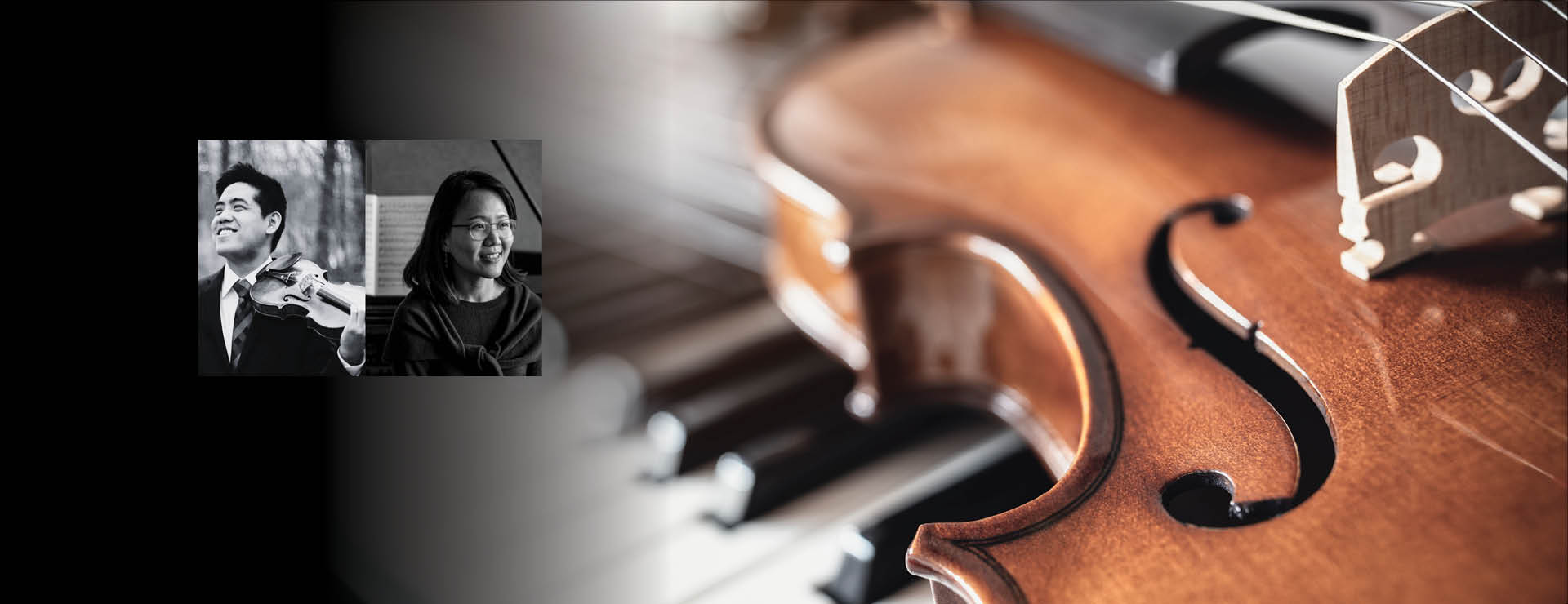 Inset image showing violinist and pianist, in the background is a large closeup image of a violin setting on piano keys
