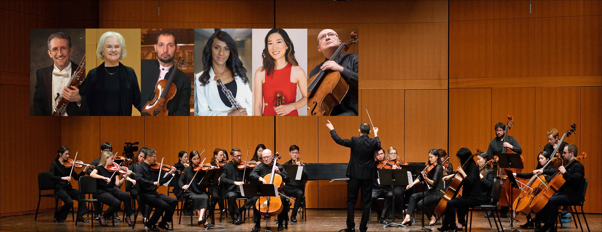 Orchestra performing as a background image, with an inset of six musician portraits