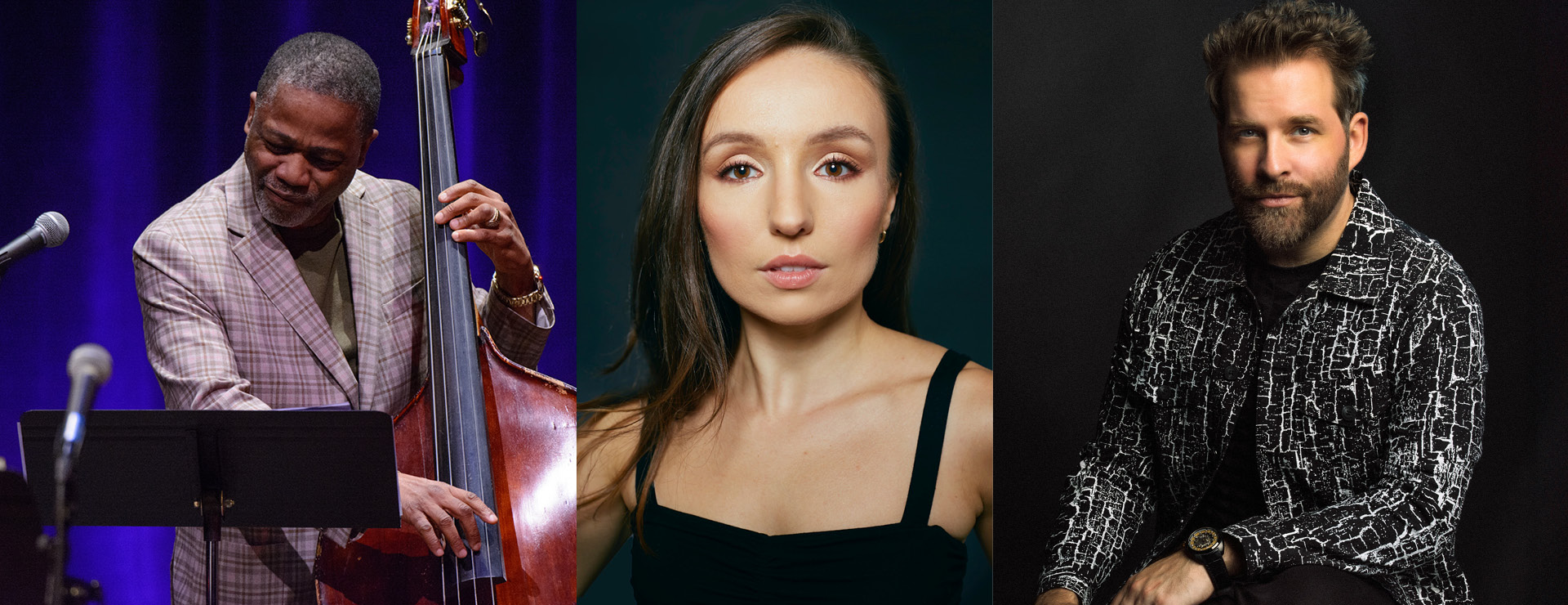 Artist portraits, jazz bassist, cellist and jazz pianist all looking at camera.
