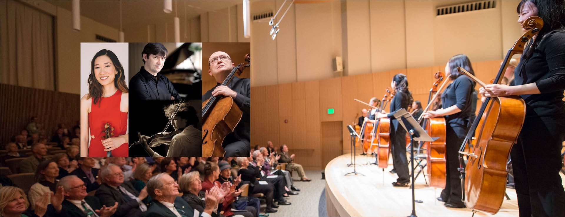 Background image of cello ensemble members standing on stage to an ovation, inset photos of musicians, violist, pianist, violinist and cellist
