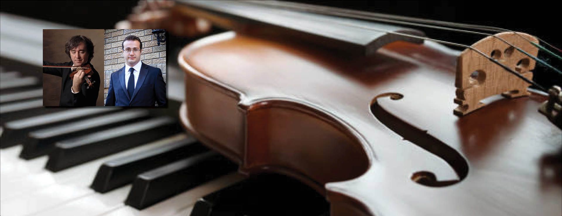 Background image: closeup of a piano and violin. Inset image: faculty member Dimiti Berlinsky playing violin on the left. Headshot of guest Gleb Ivanov on the right.