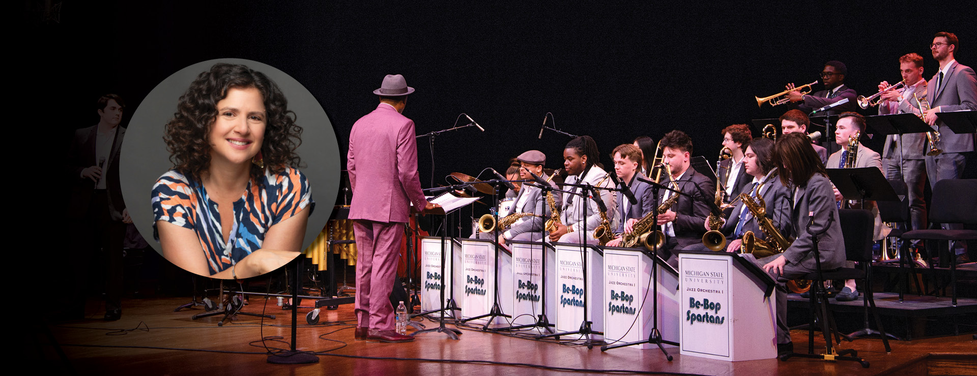 Jazz ensemble performing on stage along with inset image, portrait of Anat Cohen.