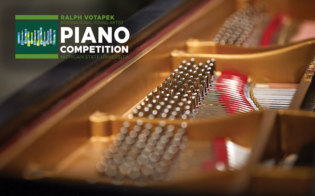 Votapek Piano Competition logo, background image, closeup of the innerworkings of a grand piano