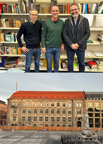 Two stacked images: on top, three people stand side by side with shelves of books behind them; bottom, a large tan building with a red roof amid blue skies.