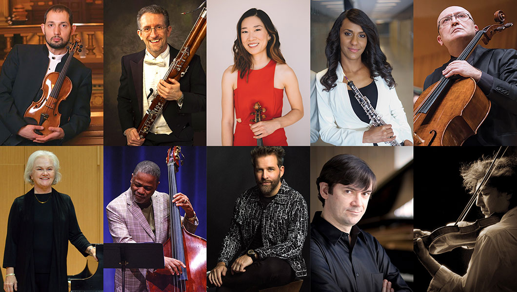 Multi photo grouping of portraits of ten musicians and instrumentalists, with some posing for a photo and some performing.