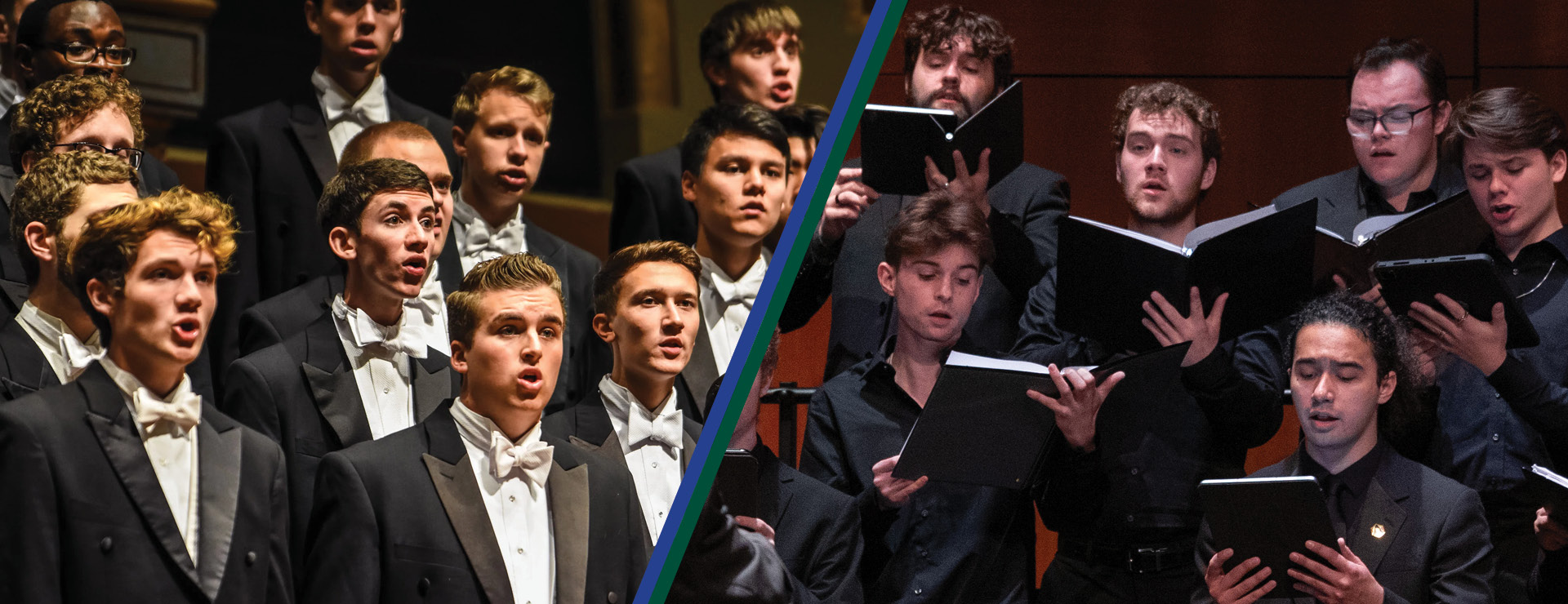 Graphic blue and green line divides left and right side pictures UofM men's choir and MSU mens’s choir, concert photo of groups singing