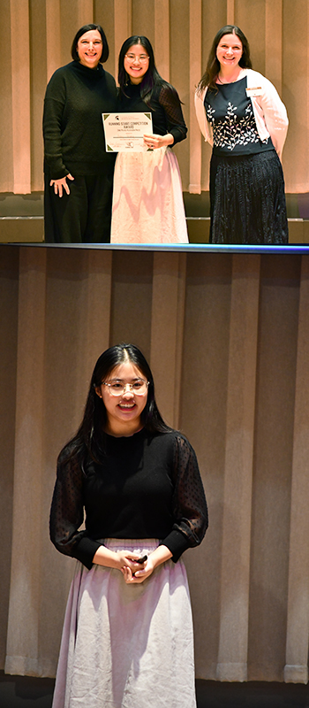 composite, top photo three people stand side by side with the middle one holding a certificate, bottom photo college age student making a presentation