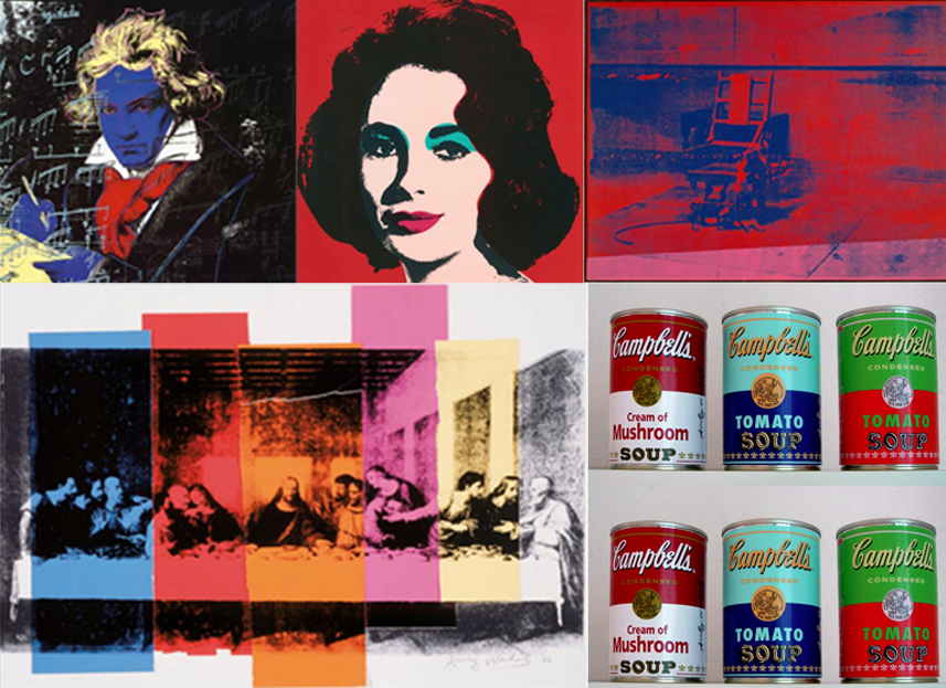 composite of five paintings by Andy Warhol
