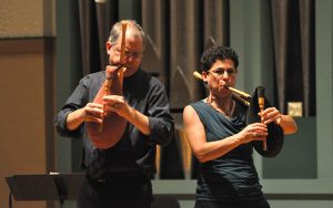 Early music instrumentalists perform on historical bagpipes