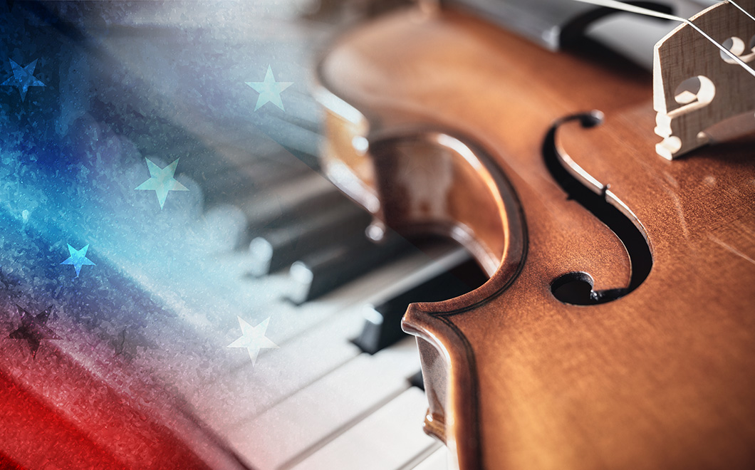 Generic photo collage, has a closeup of the keyboard on a classical piano, a violin laid accross that, and layered in graphics of stars and stripes texture.