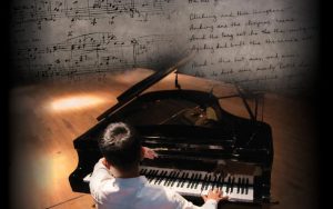 Photo collage showing a pianist performing on stage along with sheet music and poetry in handwritten text
