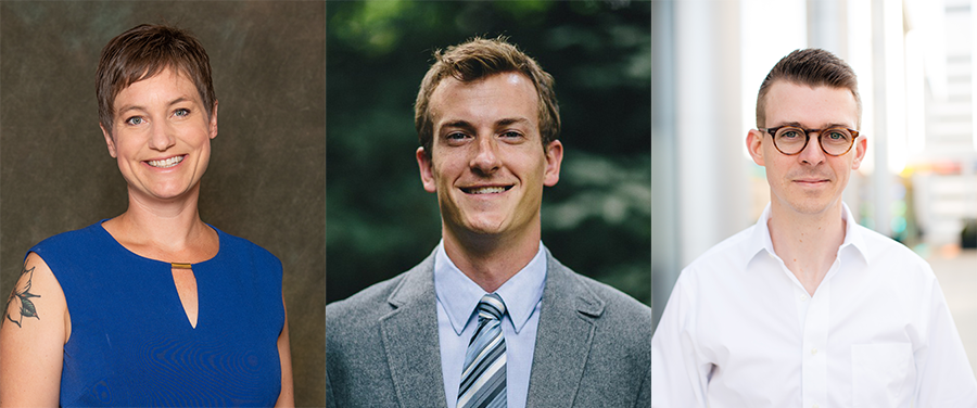 three headshots of people framed together