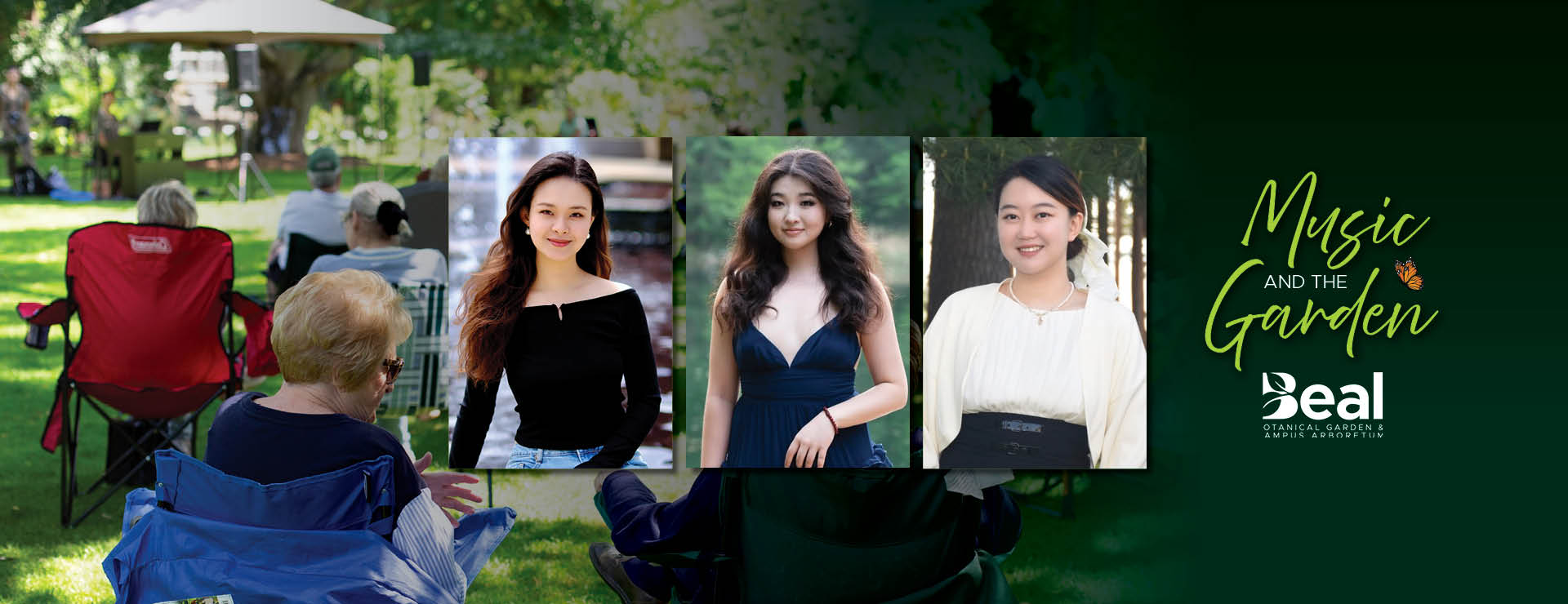 Three musicians' headshots. The background shows a garden concert scene with people on lawn chairs. The words “Music and the Garden” appear on the image.