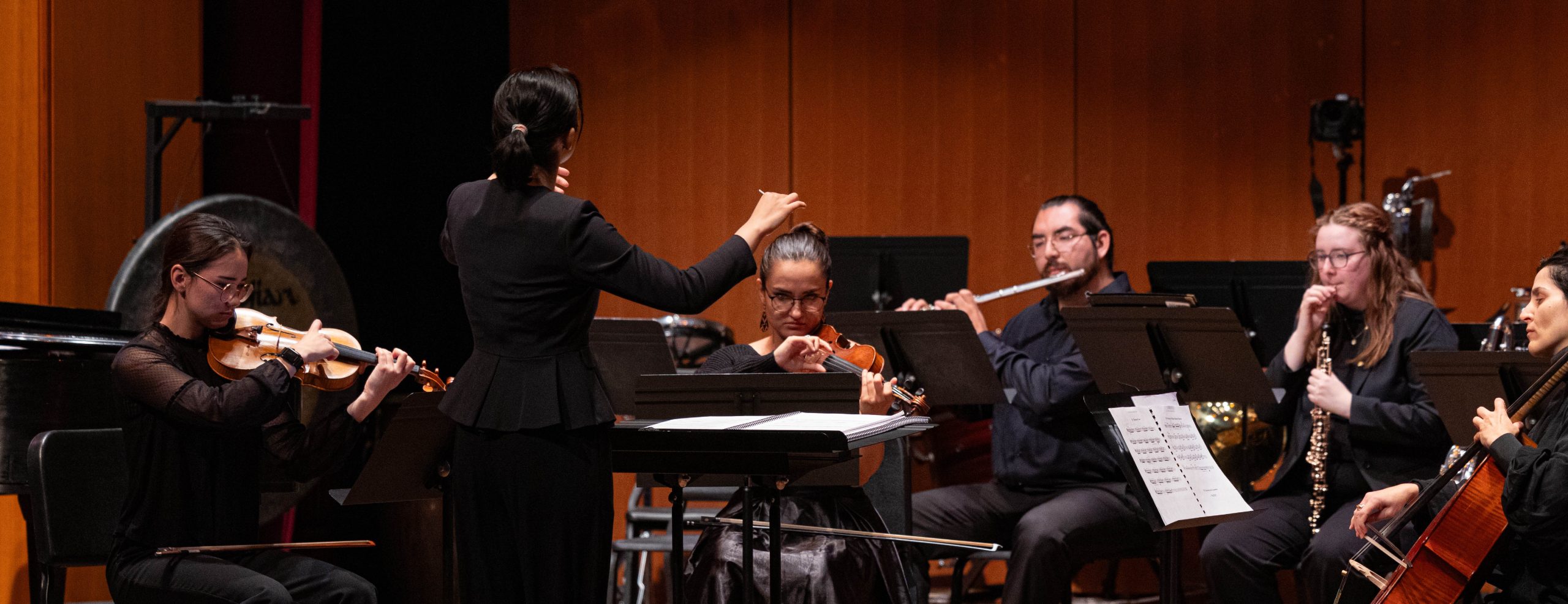 A variety of student musicians are playing their instruments on stage in front of a conductor.
