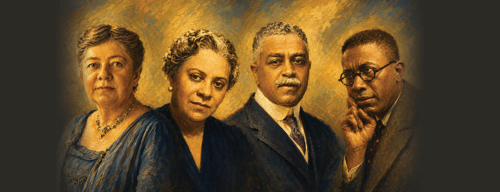 Renderend portrait of four American composers, painterly style showing Amy Beach, Florence Price, H. T. Burleigh, and Hall Johnson