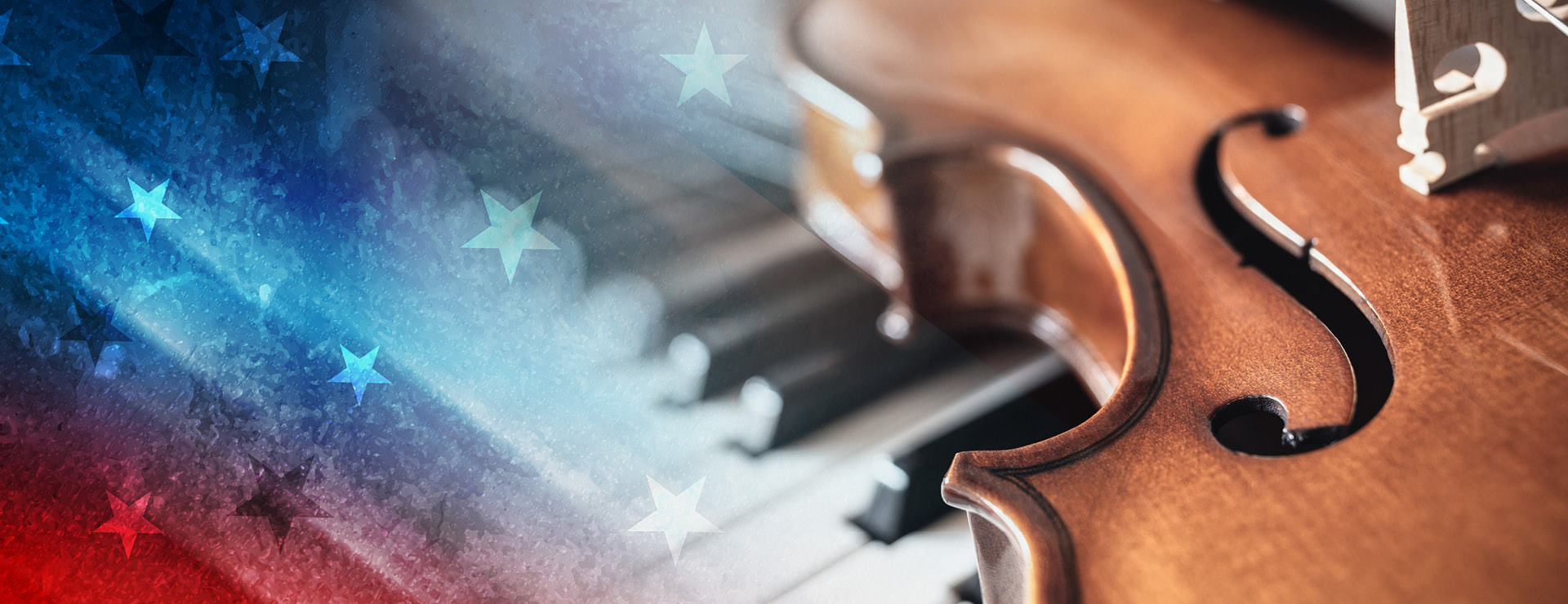closeup of violin and piano keys in photo collage with visuals of stars and stripes with red, white and blue colors.