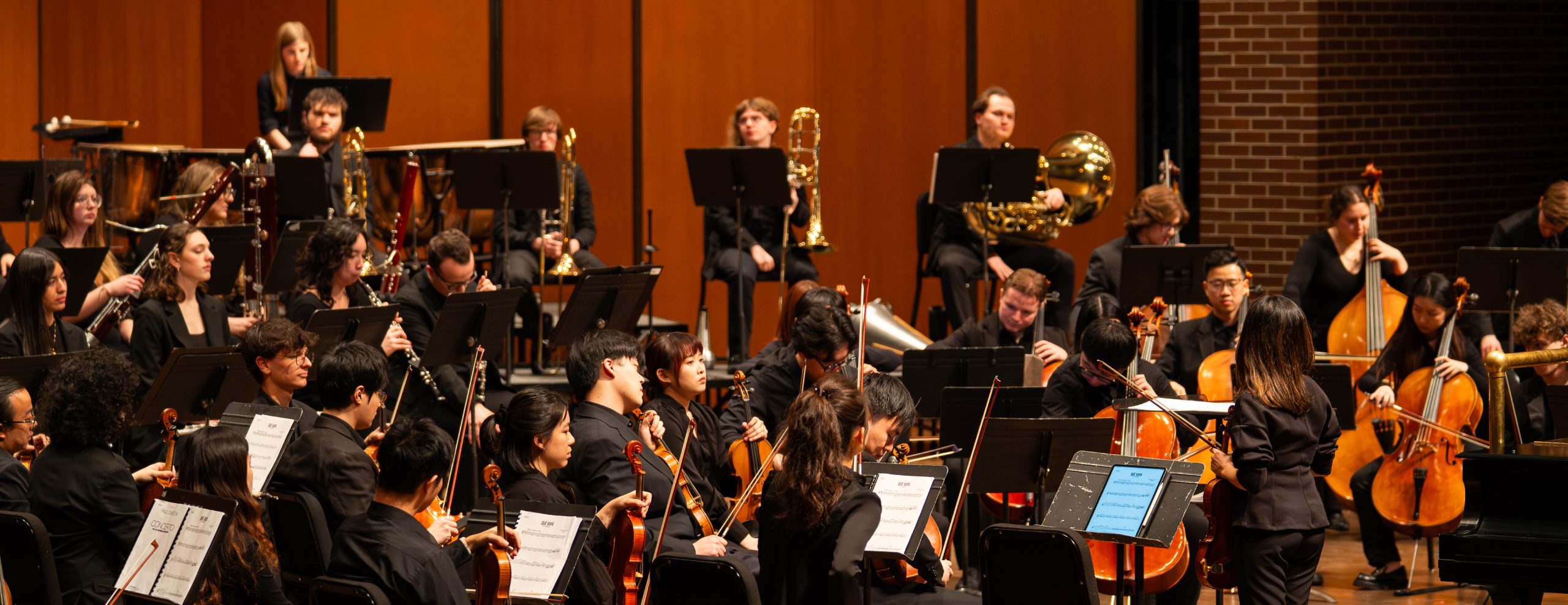 Image shows MSU Orchestra playing on stage in front of music stands.