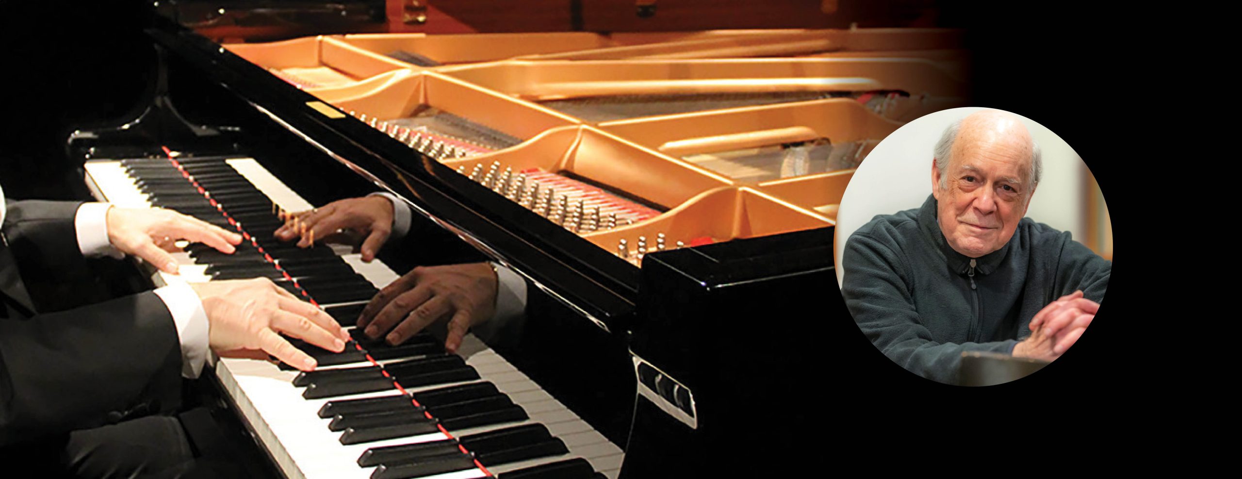 Close-up image of piano. Inset circle image shows headshot of guest artist.