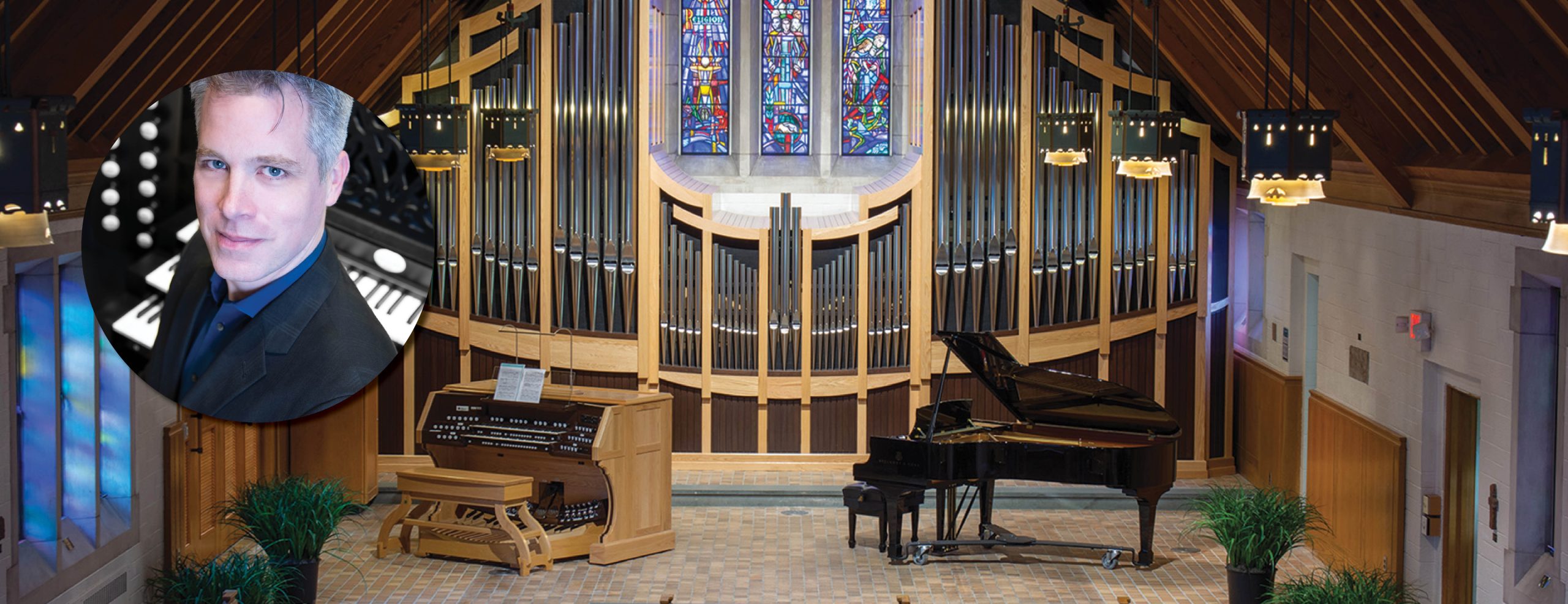 Image of the inside of MSU Alumni Memorial Chapel. Inset circle image on the left shows guest organist Gregory Hand.