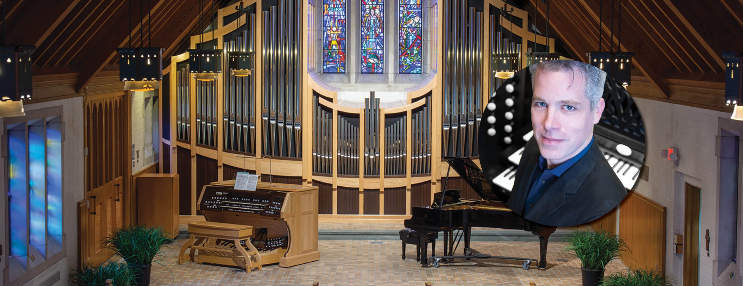 Image of the inside of MSU Alumni Memorial Chapel. Inset circle image on the right shows guest organist Gregory Hand.