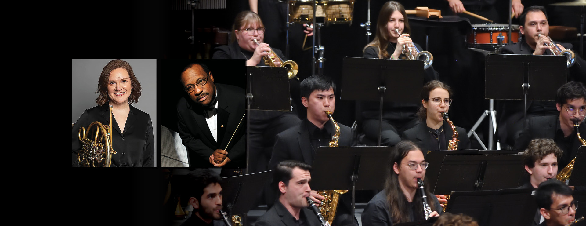 Background image of wind ensemble musicians, inset image of featured horn instrumentalist and conductor