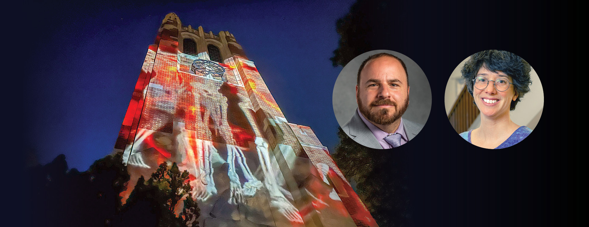 Image of Beaumont Tower at night with project imagery of skeletons on the tower and inset images of carilloneur and theater professor