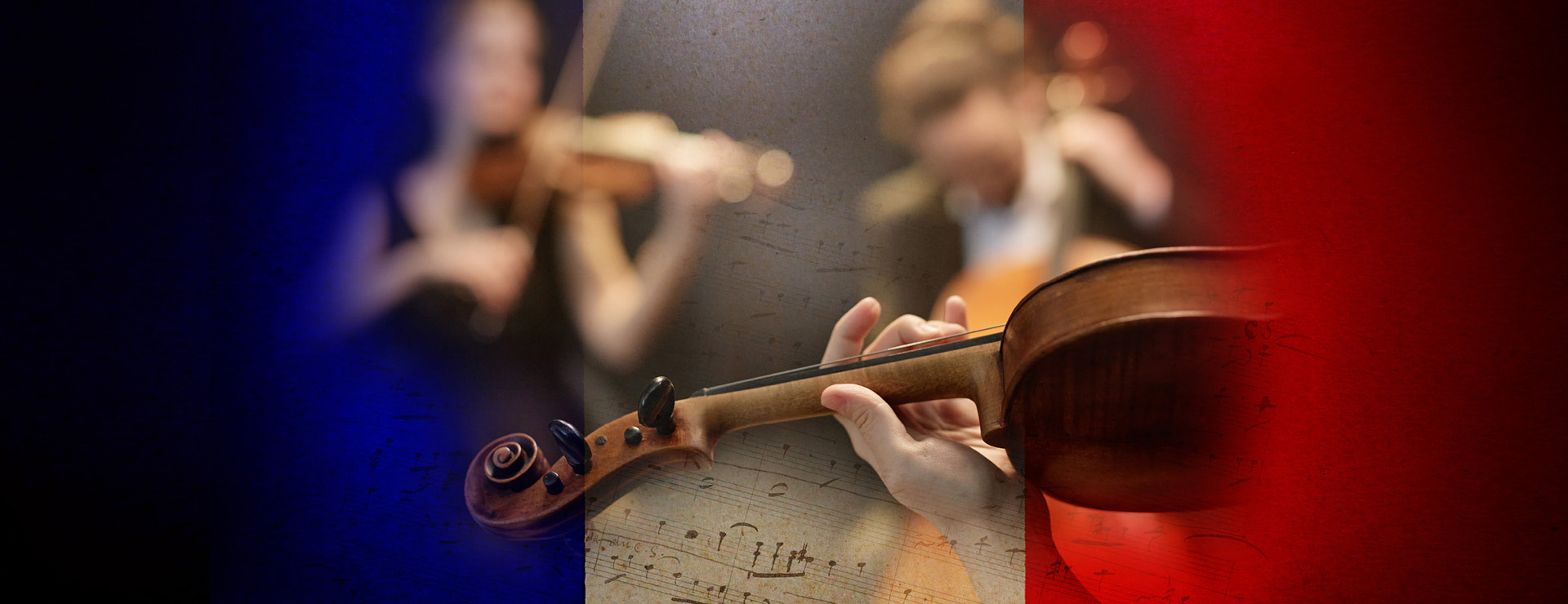 closeup of chamber musicians, viola, cello, violin with flag of France overlaid