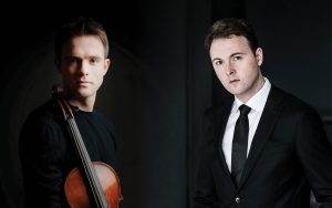 Split image. Image on the left shows MSU violist Eric Nowlin holding a viola. Image on the right shows MSU pianist Eric Zuber posed in front of a piano.