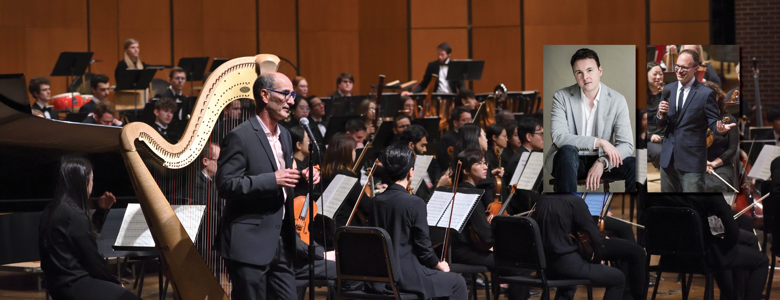 Main image shows MSU Orchestra playing on stage in front of music stands. In the upper right corner, there are 2 inset images of guest artists.