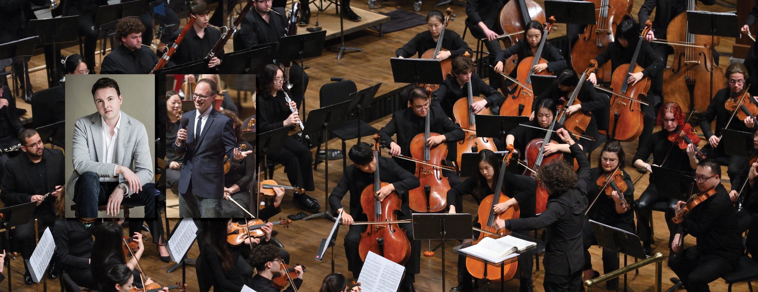 Image of MSU Symphony Orchestra performing on stage. 2 Inset images on the left show headshots of guest artists.