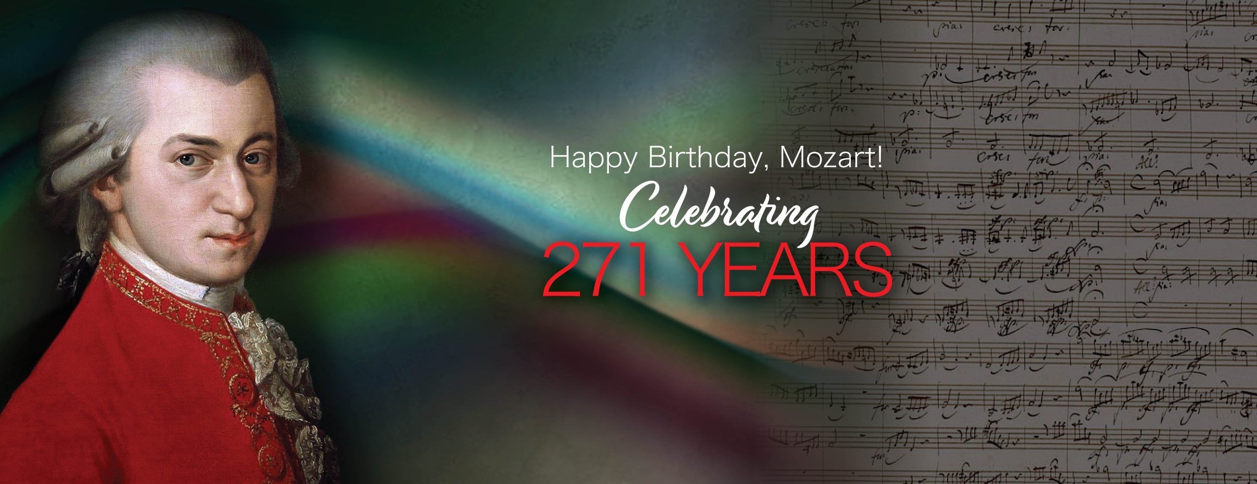 Collage showing Mozart on the left and sheet music on the right. Images blend together in a gradient. The text reads 