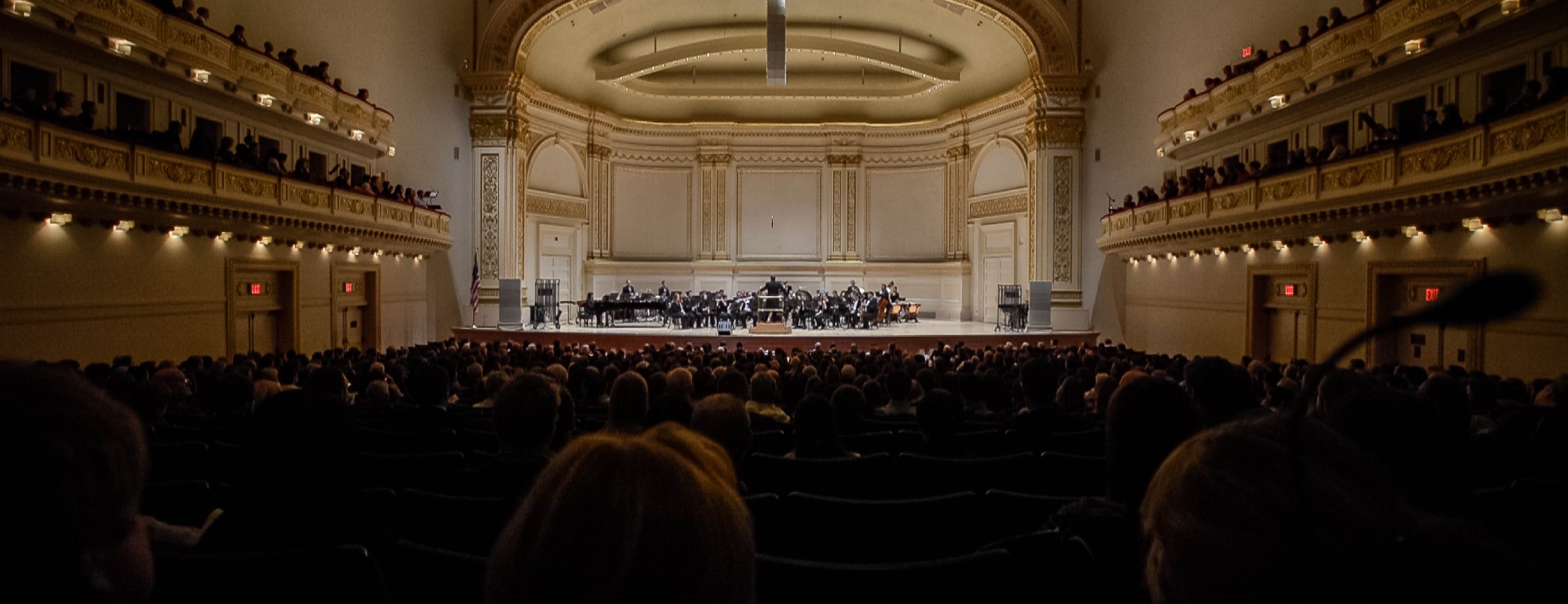 Wide image showing Carnegie Hall. On stage there is a band performing. Image shows the back of audience members heads.