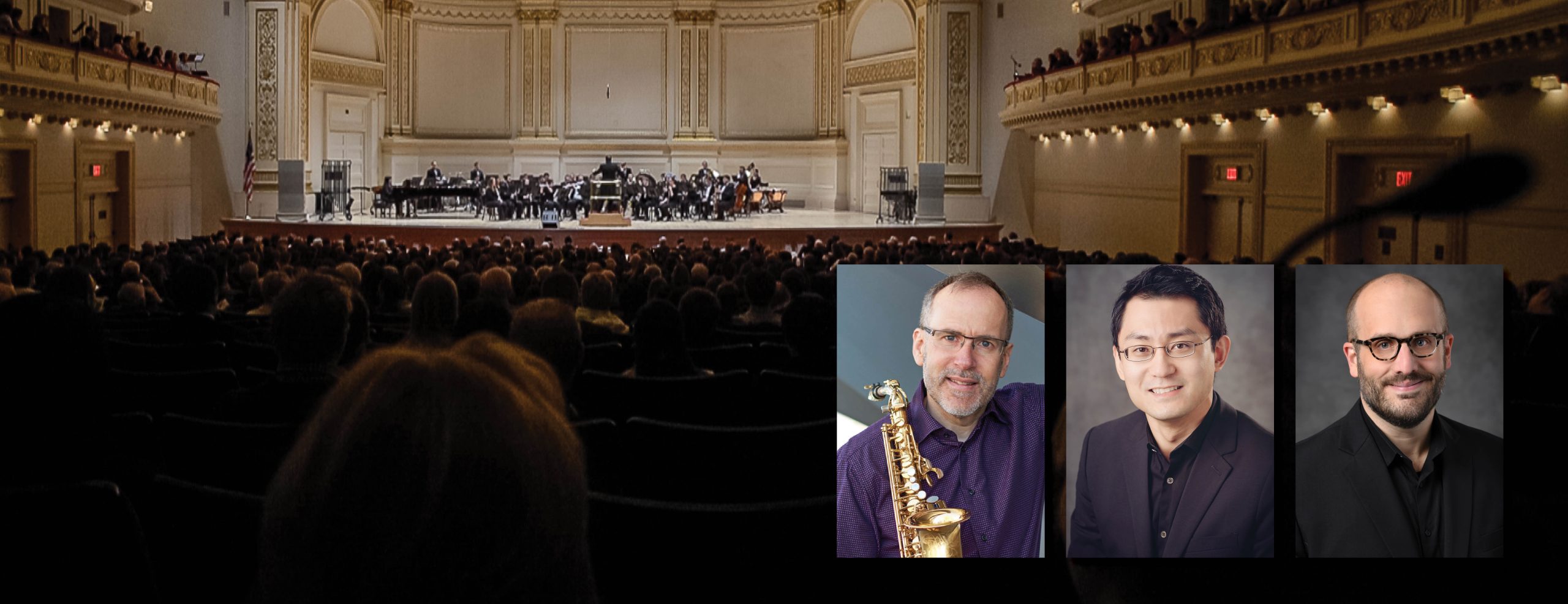 Wide image showing Carnegie Hall. On stage there is a band performing. Image shows the back of audience members heads. Inset images on bottom right show 3 headshots of MSU faculty members.