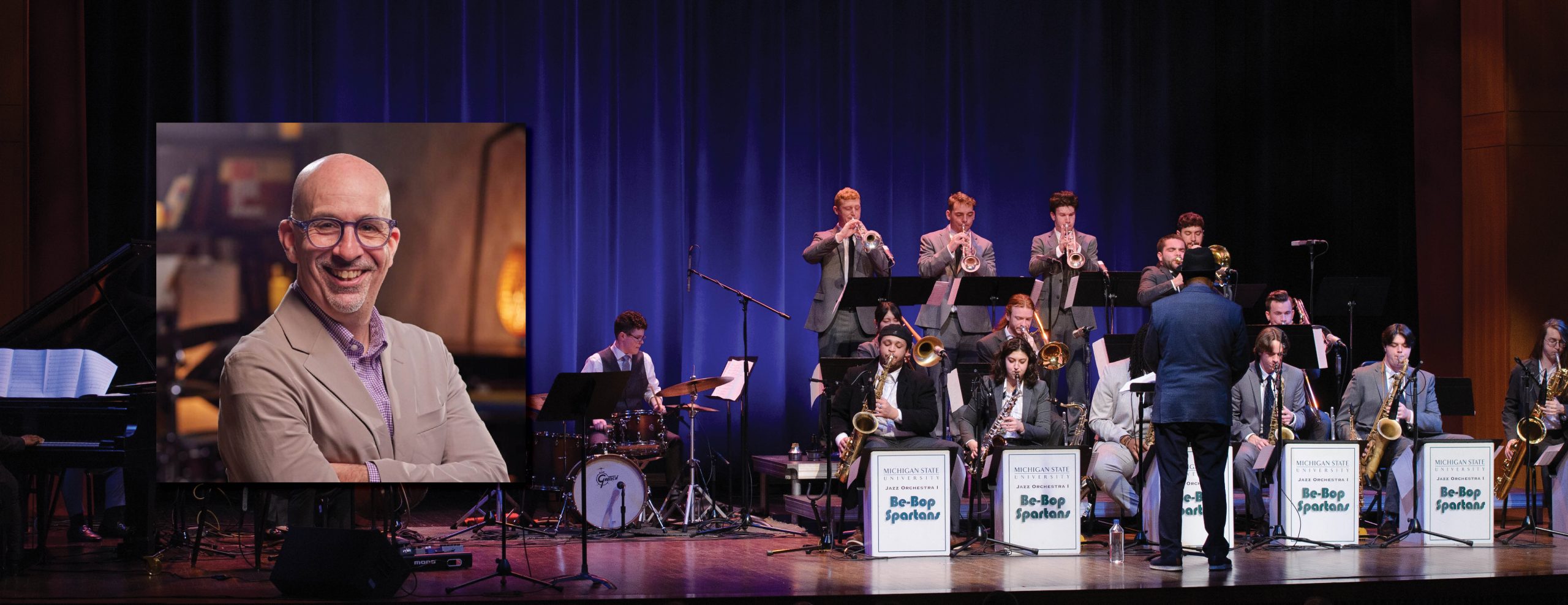 Wide image of Jazz Orchestras performing on stage, directed by a conductor. Inset image on the left shows headshot of guest artist Peter Martin.