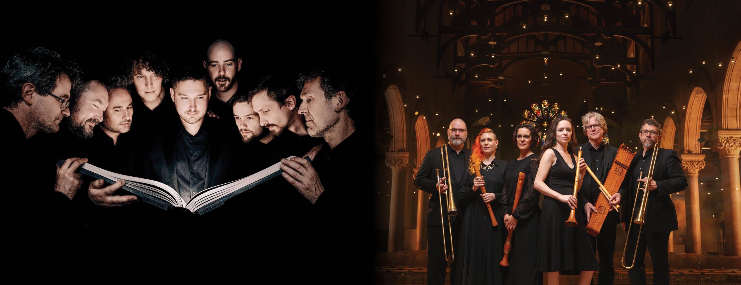 Split image showing two guest ensemble groups. The image on the left shows 9 individuals in dark lighting, looking at a large glowing book. The image on the right shows 6 individuals holding their instruments.