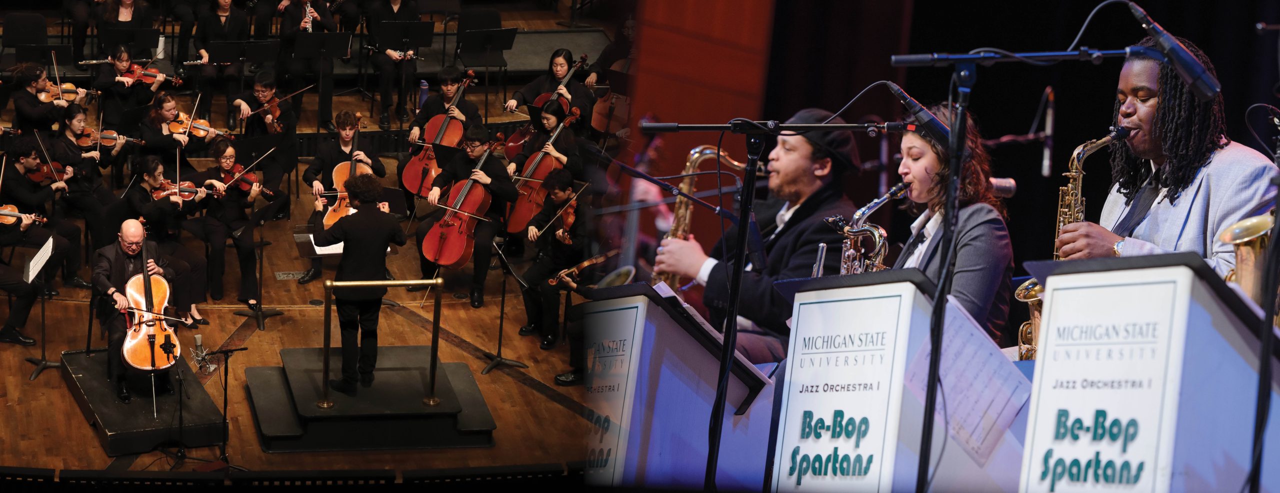 Split image that fades together with a gradient. On the left it shows MSU Concert Orchestra performing on stage with a conductor in the center and a soloist cellist off to the left. The right image shows the MSU Jazz Orchestra. Students are playing the saxophone and there are podiums and microphones set up in front of them.