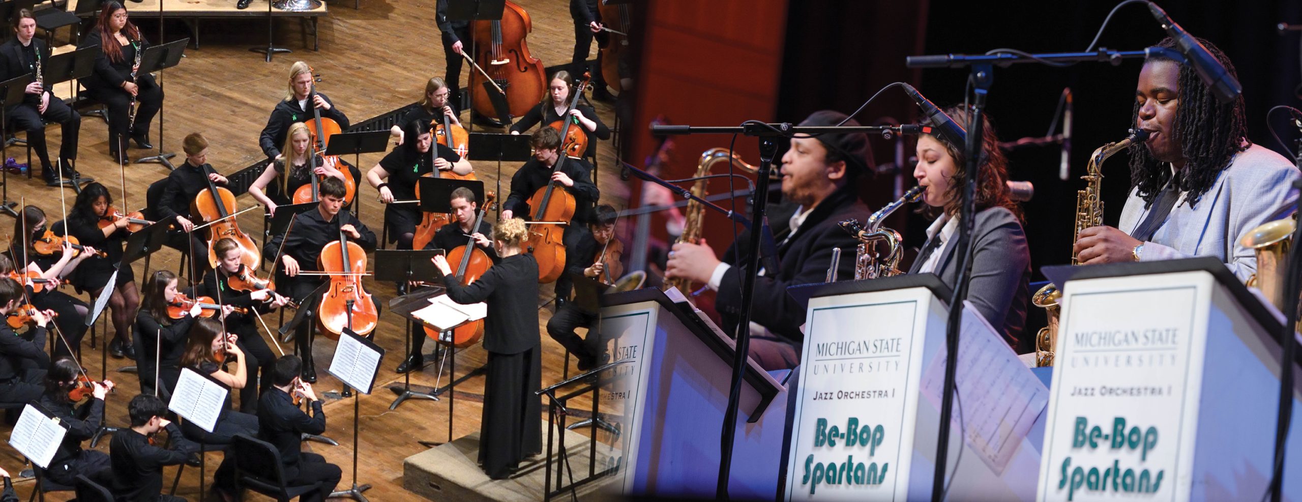 Split image that fades together with a gradient. On the left it shows MSU Concert Orchestra performing on stage with a conductor in the center. The right image shows the MSU Jazz Orchestra. Students are playing the saxophone and there are podiums and microphones set up in front of them.