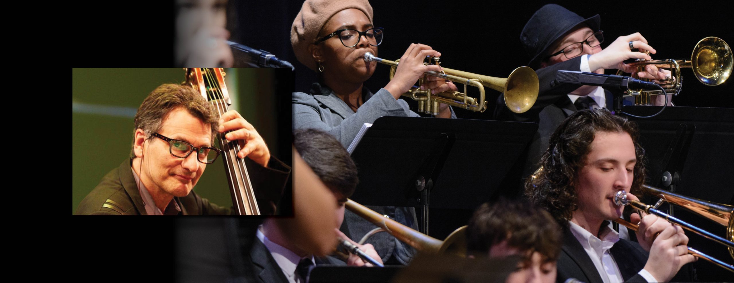 Wide image of MSU Jazz ensemble performing on stage. Inset image on the left shows guest artist John Patitucci holding bass.