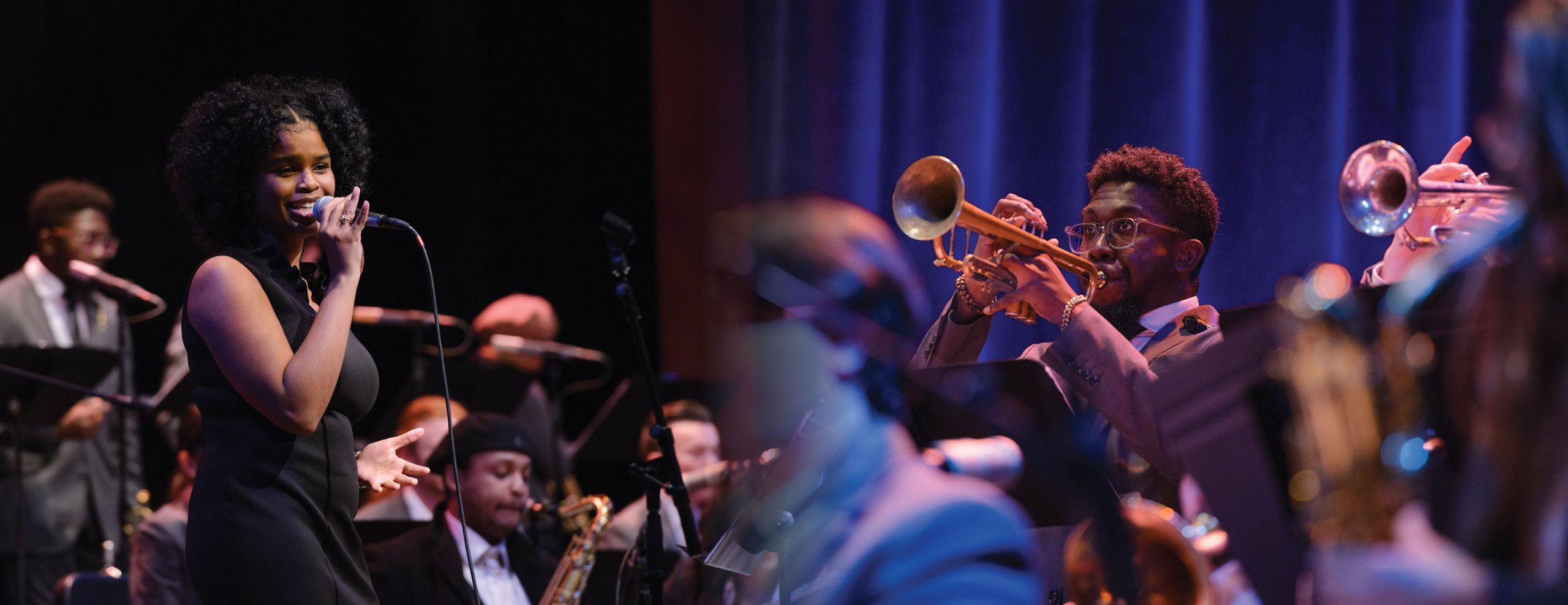 Split image. Image on the left shows MSU Jazz voice student singing in front of MSU Jazz orchestra. Image on the right shows close-up of MSU Jazz Orchestra performing on stage.