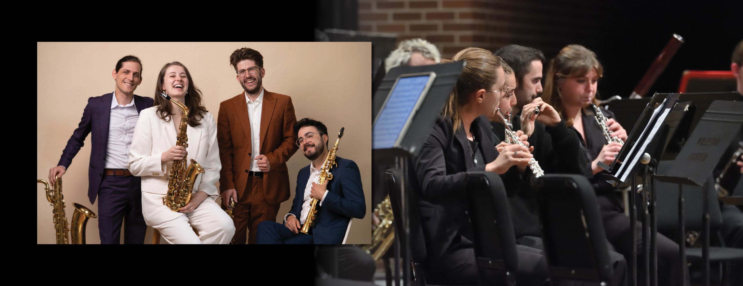 Close up of MSU flute players performing on stage with their instruments, in front of music stands. Inset image on left shows guest artist group ~Nois Saxophone Quartet.