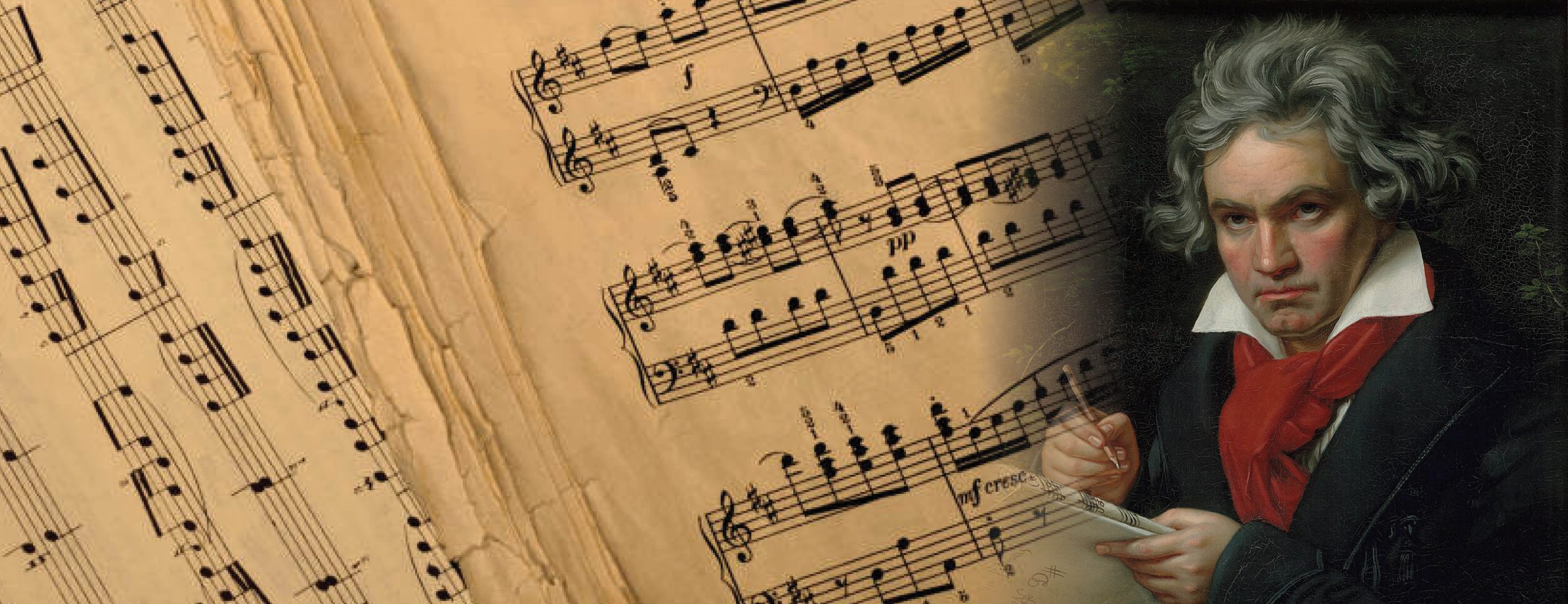 Image of Beethoven on the right and a closeup of sheet music on the left. Images blend together in a gradient.