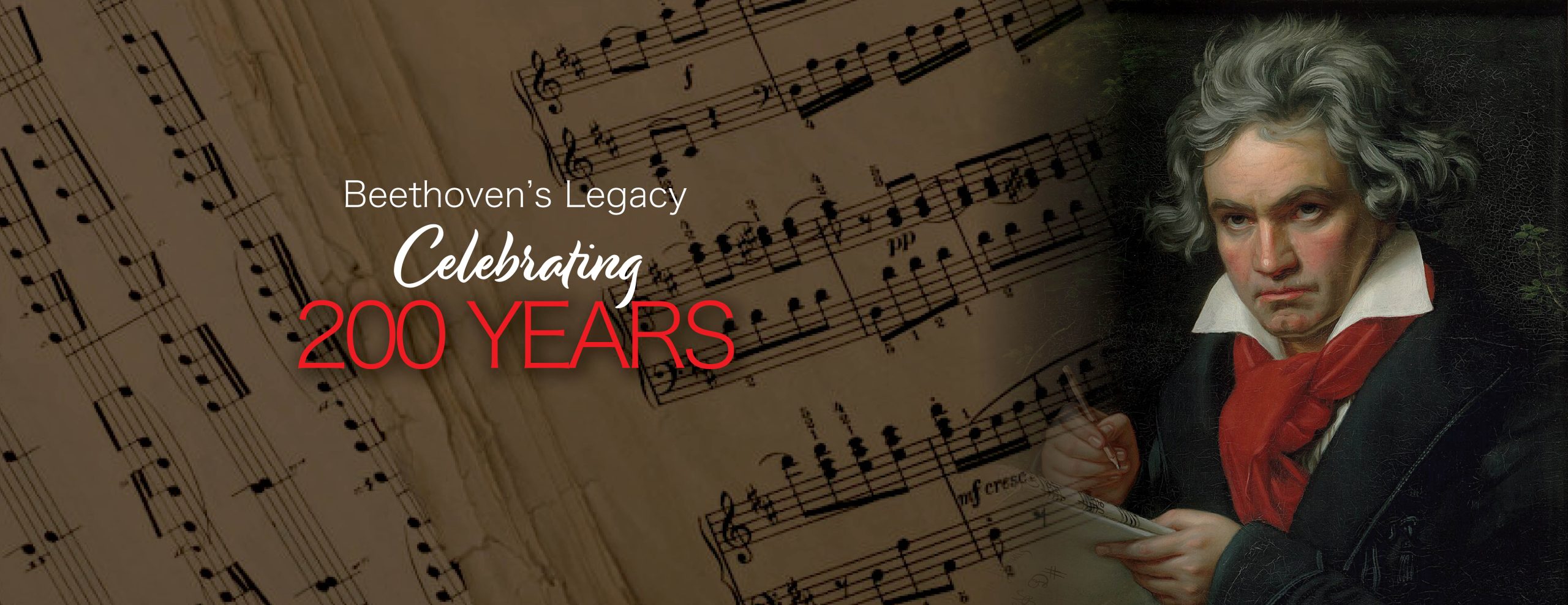 Image of Beethoven on the right and a closeup of sheet music on the left. Images blend together in a gradient. Overlay text reads 